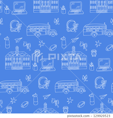 Seamless school pattern with bus, building, laptop, headphones, paper plane and study accessories in line art style 129920523