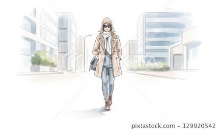 Watercolor painting of a fashionable woman walking down a street runway 129920542