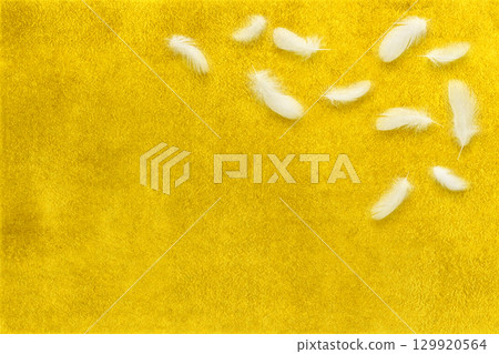 White bird feathers fluttering against a gold leaf background White bird feathers fluttering against a gold leaf background 129920564
