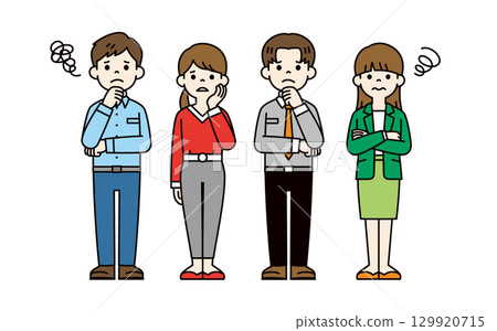 滿臉困擾的男性和女性員工的全身插圖集_Vector_Color 滿臉困擾的男性和女性員工的全身插圖集_Vector_Color 129920715