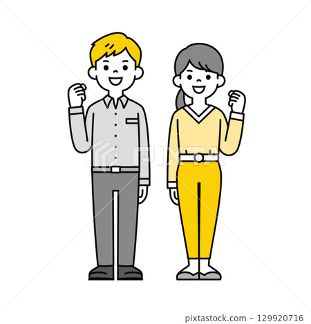 全身插圖:年輕男女微笑並握拳_向量 全身插圖:年輕男女微笑並握拳_向量 129920716