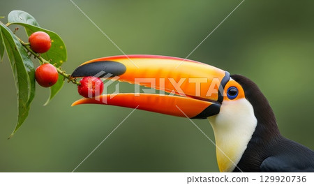 Toucan Bird Reaching for Red Berries in Tropical Rainforest 129920736