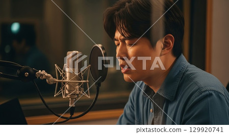 Young Asian Man Recording Vocals in Professional Music Studio 129920741