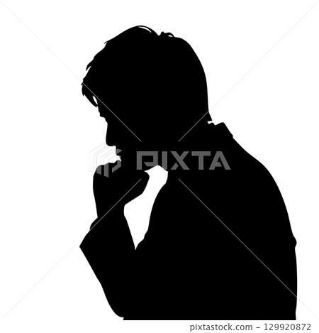 一名男子用手托著下巴思考的剪影插畫商人學生嗯擔心猶豫 一名男子用手托著下巴思考的剪影插畫商人學生嗯擔心猶豫 129920872
