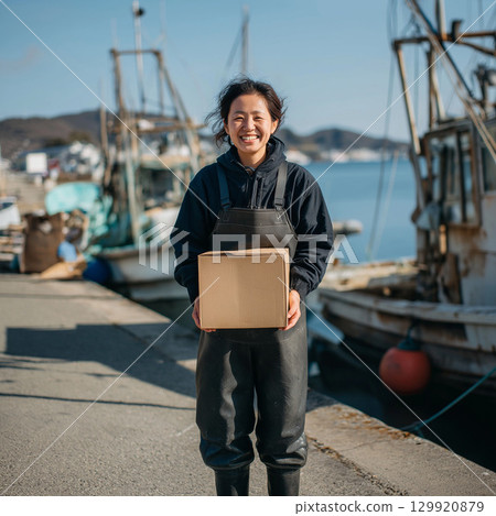 漁港微笑的女人、工作服和紙板箱、釣魚和鄉村生活方式 129920879