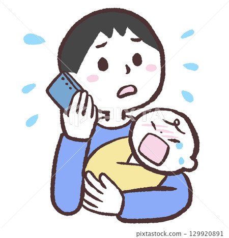 Illustration of a man calling on a smartphone while holding a crying baby 129920891