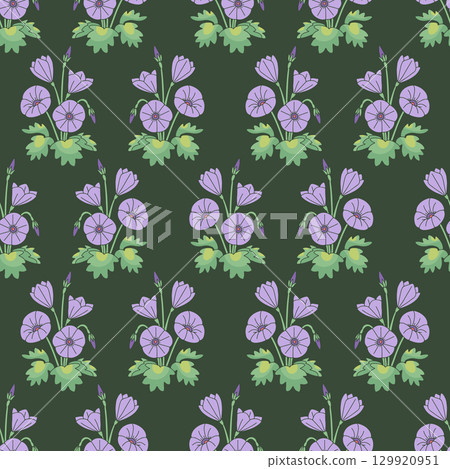 Seamless pattern with canary islands flowers mallow bindweed in vintage millefleur style on green background Seamless pattern with canary islands flowers mallow bindweed in vintage millefleur style on green background 129920951
