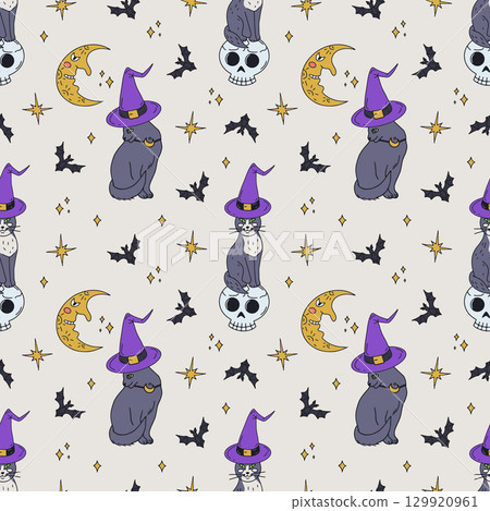 Seamless pattern with cute hand drawn Halloween witchy black cats Seamless pattern with cute hand drawn Halloween witchy black cats 129920961
