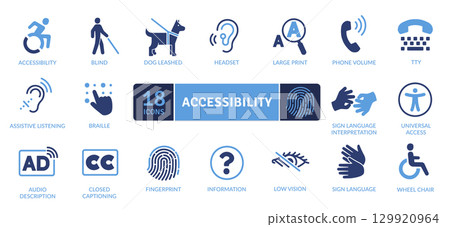Accessibility Icons. Symbols for people with disabilities, including mobility, visual, and hearing impairments Accessibility Icons. Symbols for people with disabilities, including mobility, visual, and hearing impairments 129920964
