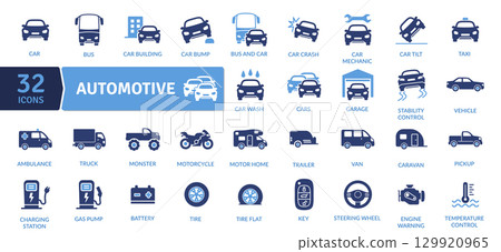 Automotive icon set. Containing vehicle car mechanic, tire, steering wheel and more. Solid icon collection. Vector Illustration. Flat icon. Simple vector icons 129920965