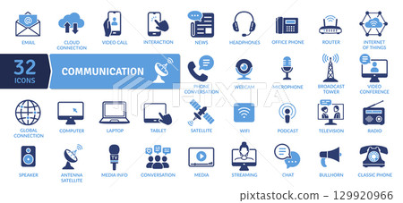 Communication Icons: Digital and Traditional Media like email and online calls. The icons depict digital methods like email and online calls, as well as traditional media such as newspaper Communication Icons: Digital and Traditional Media like email and online calls. The icons depict digital methods like email and online calls, as well as traditional media such as newspaper 129920966