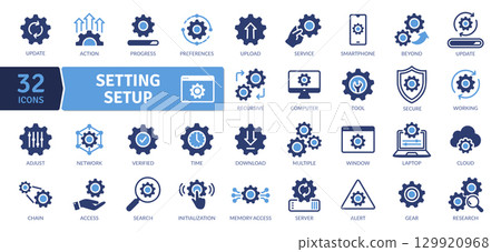 Setting icon set. Containing universal symbol for settings. Solid icon collection. Vector Illustration. The collection includes various concepts such as: System and process icons 129920968