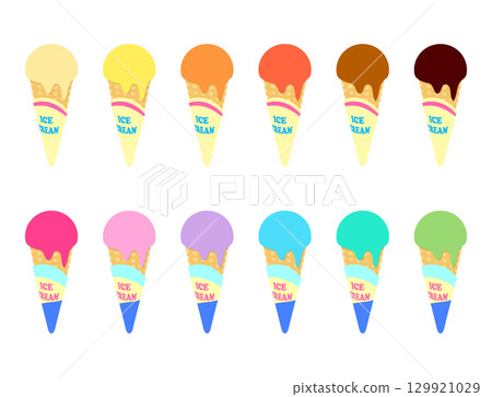 Ice cream cone ice cream illustration set (vanilla, orange, chocolate, matcha, strawberry) 129921029