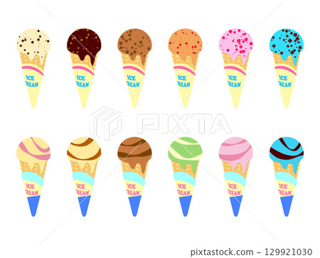 Ice cream cone ice cream illustration set (vanilla, orange, chocolate, matcha, strawberry) 129921030