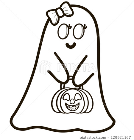 Halloween set with outlines of elements and characters. Group of object. Ghost, horror, celebration, witch, spider ,cemetery, skull, pumpkin, cauldron, for coloring pictures.	 129921167
