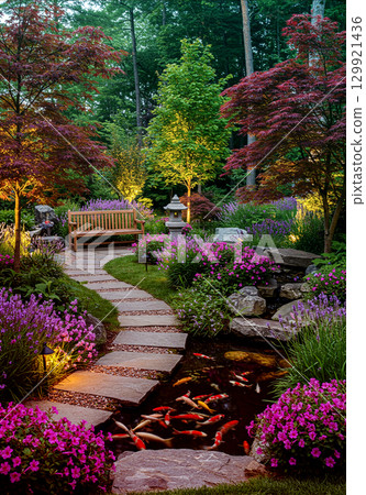 鮮花和綠樹環繞的小徑和池塘的花園景觀 129921436