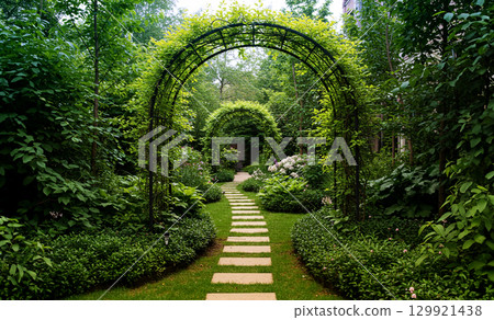 A tranquil landscape of garden paths and arches surrounded by greenery 129921438