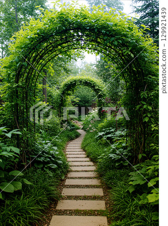 A tranquil landscape of garden paths and arches surrounded by greenery 129921439