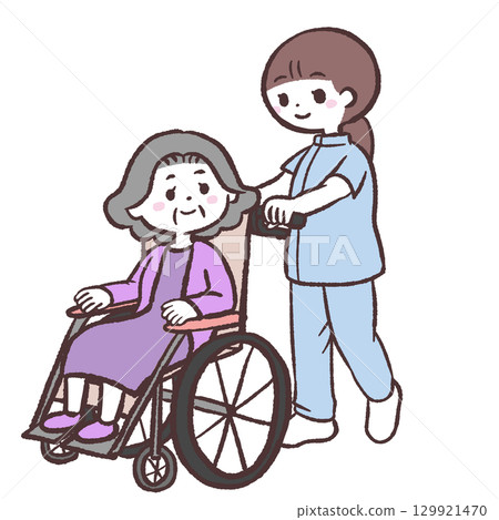 Illustration of a staff member and a senior woman in a wheelchair Illustration of a staff member and a senior woman in a wheelchair 129921470