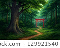 Red torii in the forest 129921540