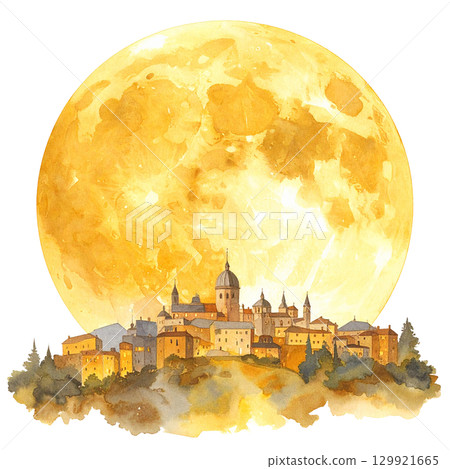 美麗的滿月和城市景觀插圖 129921665