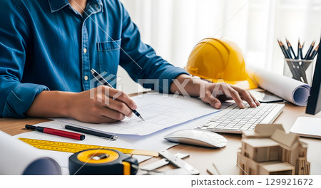 Close-up of an architect or engineer's hands meticulously drawing on blueprints with a pen 129921672