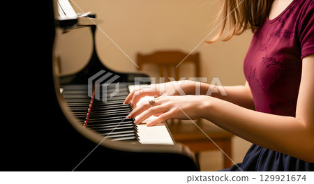 Close-up of a young woman's hands elegantly pressing the black and white keys of a grand piano 129921674