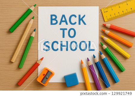 Back to school banner with school supplies - colored pencils around paper on wooden desk, top view 129921749