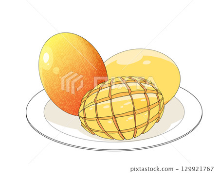Illustration of overlapping mangoes on a plate 129921767