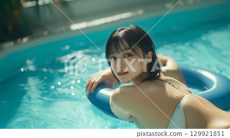 Woman in swimsuit playing in the pool 129921851