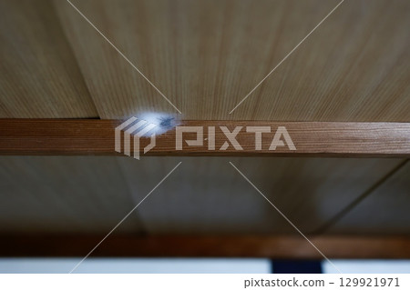 跳蛛的特寫鏡頭,以及它在天花板上結成袋狀網的白色蛛絲 跳蛛的特寫鏡頭,以及它在天花板上結成袋狀網的白色蛛絲 129921971