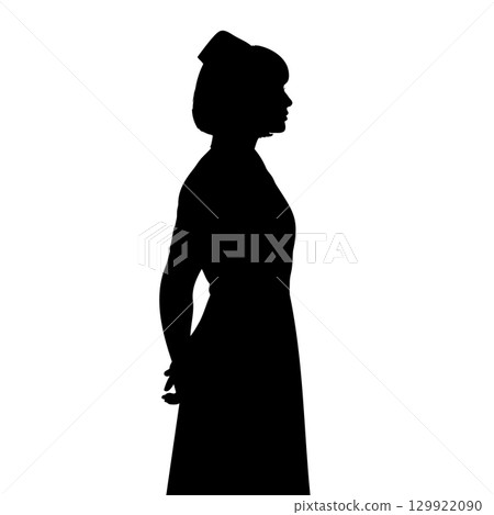 Silhouette illustration of a nurse holding something behind her back, holding a syringe in front 129922090