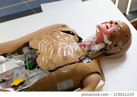Detailed medical mannequin for healthcare training, with removable parts for learning procedures like CPR, intubation, and patient care. Ideal for medical students and emergency response training 129922229