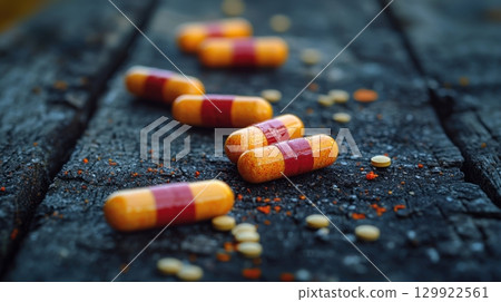 Close up of medical capsules and tablets on dark wooden surface Close up of medical capsules and tablets on dark wooden surface 129922561