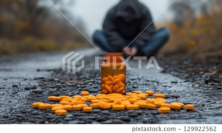 Pharmaceutical pills on ground with defocused figure in background Pharmaceutical pills on ground with defocused figure in background 129922562