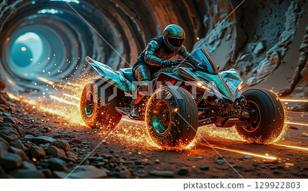 Extreme quad biking. A rider in full gear leans forward aggressively on a sleek, modern ATV. Extreme quad biking. A rider in full gear leans forward aggressively on a sleek, modern ATV. 129922803