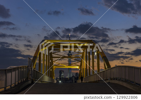 Yotsugi Bridge and Skytree in the sunset 129922806