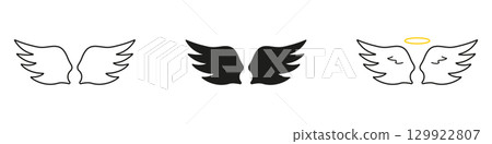 Angel Wings With Halo Line And Solid Icon Set. Spirituality, Protection, And Guardian Symbol Outline And Silhouette Symbol Collection. Celestial And Divine Concept. Isolated Vector Illustration 129922807