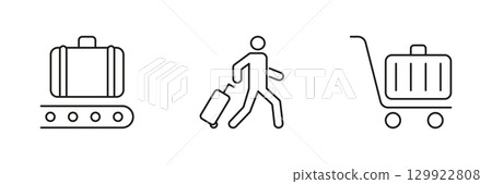 Luggage And Travel Icon Set. Baggage Handling, Passenger Movement, And Airport Cart Outline Symbol Collection. Travel And Transportation. Editable Stroke. Isolated Vector Illustration 129922808