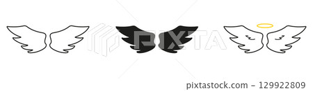 Angel Wings With Halo Line And Solid Icon Set. Spirituality, Protection, And Guardian Symbol Outline And Silhouette Collection. Celestial And Divine Representation. Isolated Vector Illustration 129922809