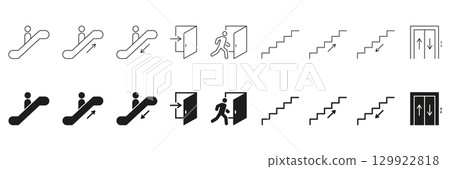 Escalator, Door, Stairs and Elevator Direction Icons. Navigation And Movement Symbols For Public Spaces. Accessibility And Wayfinding Signage Collection. Isolated Vector Illustration Escalator, Door, Stairs and Elevator Direction Icons. Navigation And Movement Symbols For Public Spaces. Accessibility And Wayfinding Signage Collection. Isolated Vector Illustration 129922818