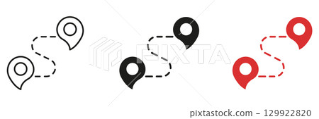 Location Route Tracker with Destination Pins Line and Solid Icon Set. Navigation Wayfinding and Map Journey Path Symbol Collection. Isolated Vector Illustration 129922820