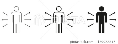 Person With Arrows Pointing Outward Icon Set. Personal Space, Influence, And Communication Concept Outline And Silhouette Symbol. Human Interaction And Social Dynamics. Isolated Vector Illustration 129922847