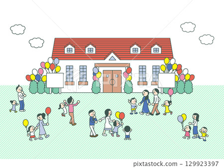 Illustration of parents and children gathering with balloons at a housing manufacturer's open house event Illustration of parents and children gathering with balloons at a housing manufacturer's open house event 129923397