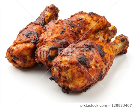Succulent tandoori chicken legs, grilled to perfection, are displayed on a white background. They are garnished with fresh cilantro, highlighting the rich, vibrant color. 129923407