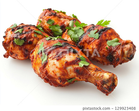Succulent tandoori chicken legs, grilled to perfection, are displayed on a white background. They are garnished with fresh cilantro, highlighting the rich, vibrant color. Succulent tandoori chicken legs, grilled to perfection, are displayed on a white background. They are garnished with fresh cilantro, highlighting the rich, vibrant color. 129923408