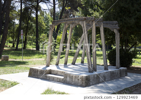 A concrete girders from the Spacu prison on the streets of Tirana, Albania A concrete girders from the Spacu prison on the streets of Tirana, Albania 129923469
