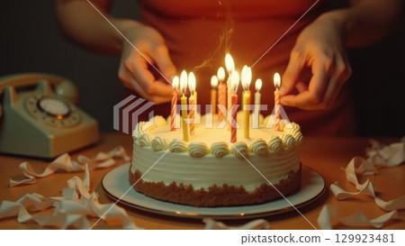 Vintage 1970s Birthday Celebration Hands Blowing Out Candles on Cake 129923481