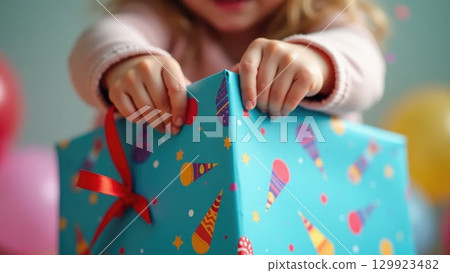 Child's Hands Unwrapping a Colorful Birthday Gift with Confetti Background Child's Hands Unwrapping a Colorful Birthday Gift with Confetti Background 129923482