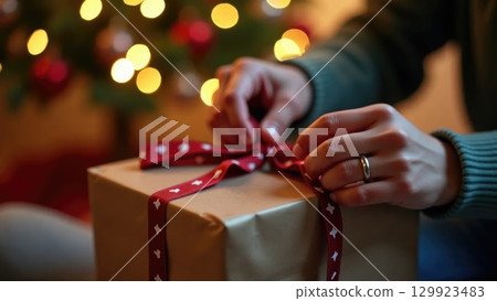 Close-Up of Hands Unwrapping a Gift Box with Ribbon on Christmas Background 129923483